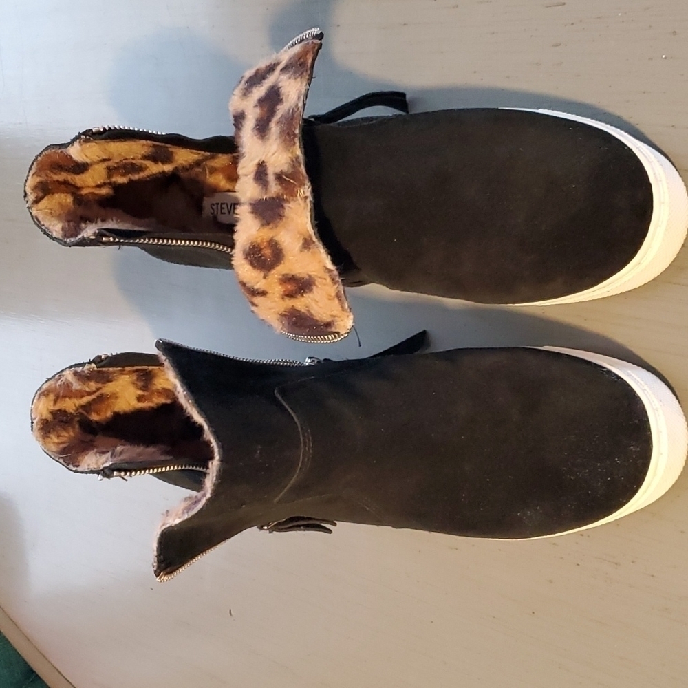 Steve Madden| Black Leather Suede Saidi Animal Print Wedge Boots Size 10 M